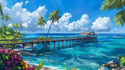 Wall Mural - Tropical shore with a long pier extending image