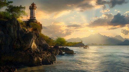 Wall Mural - Tropical coast with a lighthouse on a rocky image