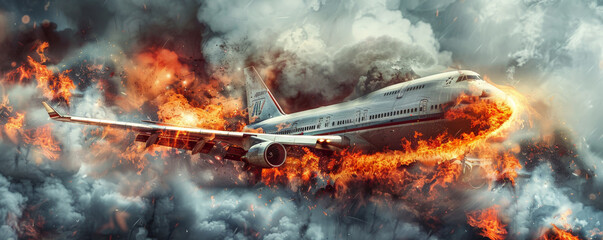 Wall Mural - an airplane on fire, with flames and thick smoke rising, isolated on a metallic silver background. t