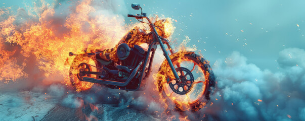 Wall Mural - a burning motorcycle with fierce flames and billowing smoke, isolated on a light blue background,