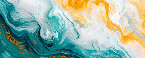 Wall Mural - A vibrant marble texture background showcasing bright shades of teal, yellow, and white. The lively, swirling patterns create an energetic and eye-catching design.