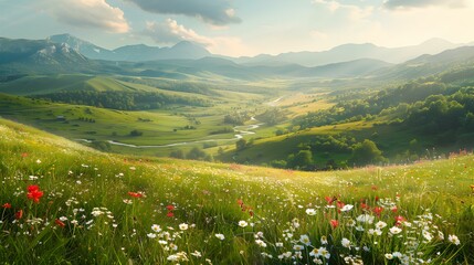 Wall Mural - A rolling landscape with soft green hills