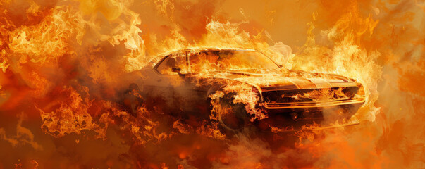 Wall Mural - a car on fire, with flames licking up the sides and dense smoke swirling around, isolated on a