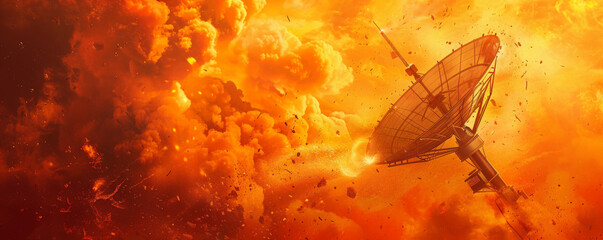 Wall Mural - a burning radar system with fierce flames and swirling smoke, isolated on a vibrant orange