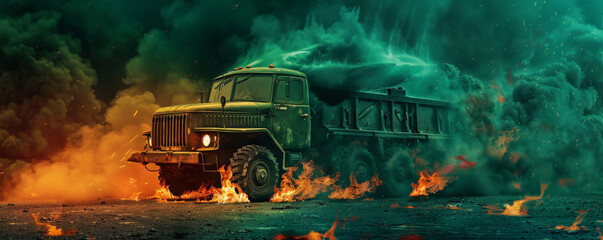 Wall Mural - a military truck engulfed in fierce flames and dense smoke, isolated on a dark green background,