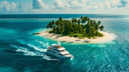 Poster - A yacht sailing past a tropical island