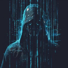 Wall Mural - menacing cyber criminal silhouette glowing matrix code overlay dark hooded figure futuristic digital background eerie blue tones hacking concept visualization