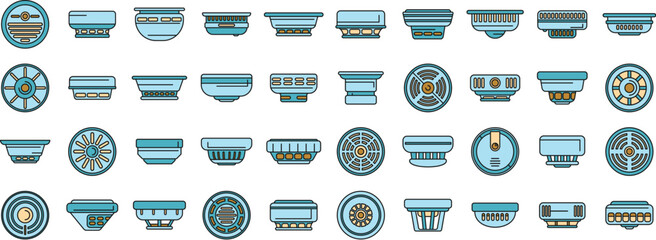 Sticker - Smoke detector icons set outline vector. Fire alarm. Accident danger thin line color flat on white