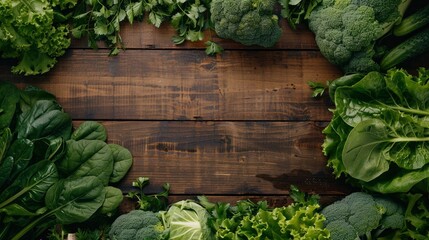 Wall Mural - green leafed vegetable on brown wooden surface background - generative ai