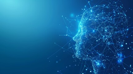 Wall Mural - artificial intelligence and modern technology concept. glowing blue human face on a dark background.