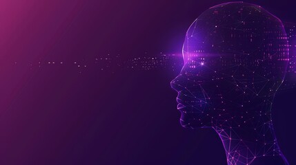Wall Mural - artificial intelligence and modern technology concept. glowing purple human face on a dark backgroun