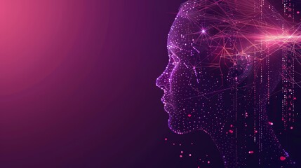 Wall Mural - artificial intelligence and modern technology concept. glowing purple human face on a dark backgroun