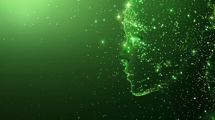 Wall Mural - artificial intelligence and modern technology concept. glowing human face on a green background. ai 