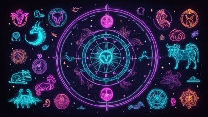 neon zodiac astrological signs and symbols in neon col Retro neon background theme