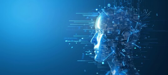 Wall Mural - artificial intelligence and modern technology concept. glowing blue human face on a dark background.