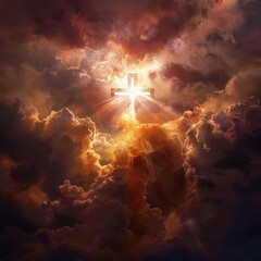 Poster - powerful religious imagery of a radiant cross against a dramatic sky ethereal light breaking through storm clouds symbolizing hope faith and spiritual awakening