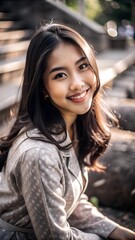 Poster - Portrait of a beautiful young woman with long dark hair smiling wearing a gray blazer