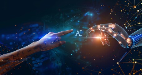 Wall Mural - virtual ai cyborg hand touches a human hand. artificial intelligence and human connection. futuristi