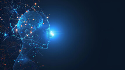Wall Mural - artificial intelligence and modern technology concept. glowing blue human face on a dark background.