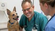 © DARIKA - Happy veterinarian in scrubs examining a pet in a veterinary clinic. Diverse animal care team providing compassionate treatment and expertise in a friendly environment. Portrait, Realistic Photo,