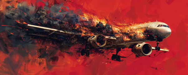 Wall Mural - a burning airplane engulfed in flames with thick black smoke billowing out, isolated on a bright red