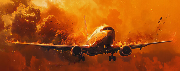 Wall Mural - an airplane on fire, with flames licking up the sides and dense smoke swirling around, isolated on a