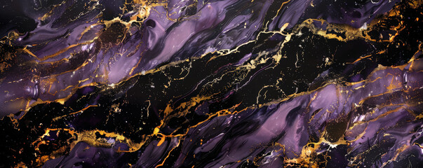 Wall Mural - A bold marble texture background with striking veins of purple, black, and gold. The dramatic color