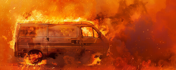 Wall Mural - a van on fire, with flames licking up the sides and dense smoke swirling around, isolated on a vibra