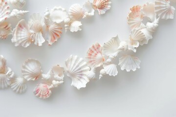 Wall Mural - A delicate shell necklace with tiny white and pink seashells, isolated on a white background