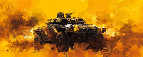 Wall Mural - an armored vehicle on fire with roaring flames and dark smoke, isolated on a bright yellow backgroun