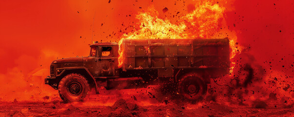 Wall Mural - a military truck consumed by blazing flames and thick smoke plumes, isolated on a vivid red