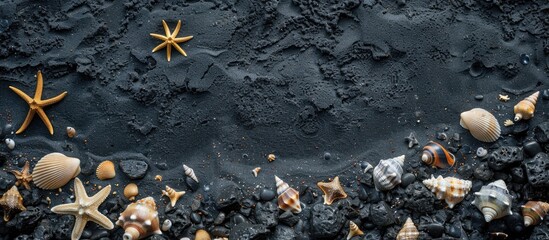 Poster - Scenic beach scene with dark volcanic sand featuring seashells and starfish, perfect as a background for copy space image.