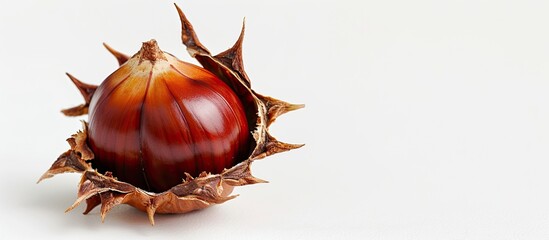 Poster - A chestnut with an open shell in a close-up shot, set against a white background for a copy space image.
