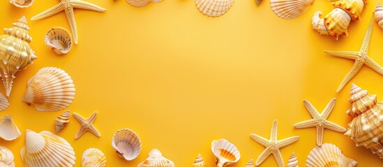 Poster - A bright summer background with a yellow hue featuring sea shells and starfish creating a frame, viewed from above with copy space image.