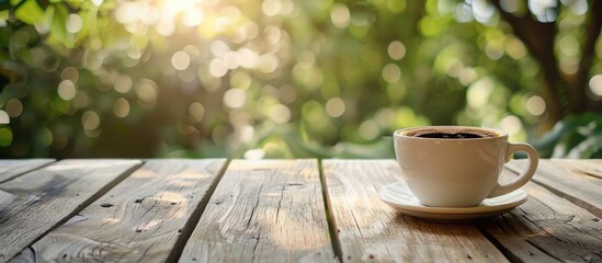 Sticker - Coffee in a white cup placed on a wooden table outdoors with empty space for adding images.