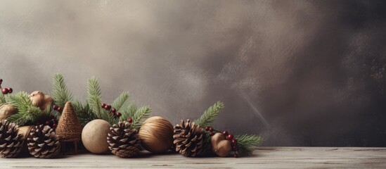 Poster - Festive Christmas corner with conifer, ornaments, and pine cones setting against a backdrop of copy space image.