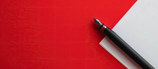 Fototapete - A white sheet with a pen for writing on a red backdrop with space for text or design.