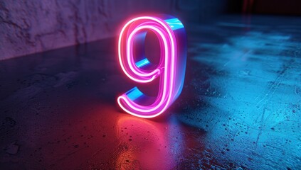 Neon Number Nine on a Wet Surface