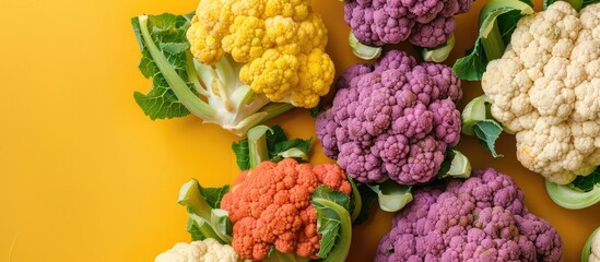 Poster - Top view of colorful cauliflower in macro texture against a yellow background for an agricultural harvest theme with simulation for use as a copy space image.