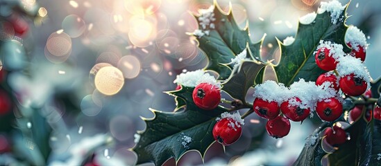 Canvas Print - Snow-covered holly branch in a garden setting, creating a festive Christmas background with ample copy space image.