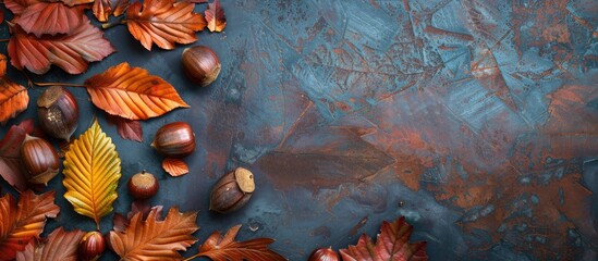 Poster - Autumn background with full-frame flat lay featuring chestnut leaves creating a beautiful display with copy space image.