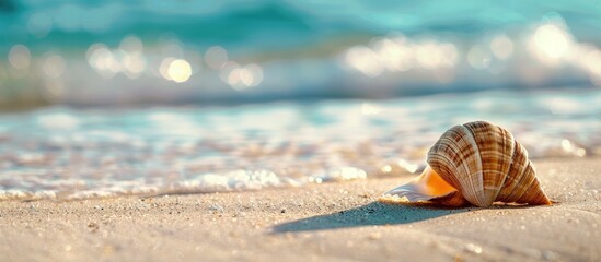 Aufkleber - Seashell on the sandy shore with copy space image available.