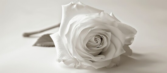 Aufkleber - A single, bright monochrome white rose blossom in high-key with fine art still life aesthetic against a white background, suitable for copy space image.