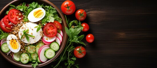 Wall Mural - Colorful and nutritious fresh vegetable salad with tomato, cucumber, radish, boiled egg, arugula, and oatmeal displayed in a bowl, ideal for a diet. Overhead shot with copy space image.