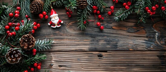 Aufkleber - Fir branches, Santa decoration, and red berries on wooden background create a festive Christmas atmosphere in the copy space image.
