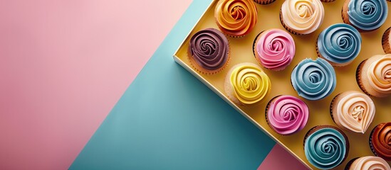 Poster - Colorful background enhances the appeal of the box with delicious cupcakes, ideal for showcasing in a copy space image.