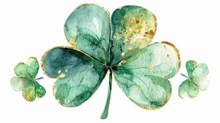 a shamrock with golden edges clipart, festive decoration, watercolor illustration, green and gold, isolated on white background