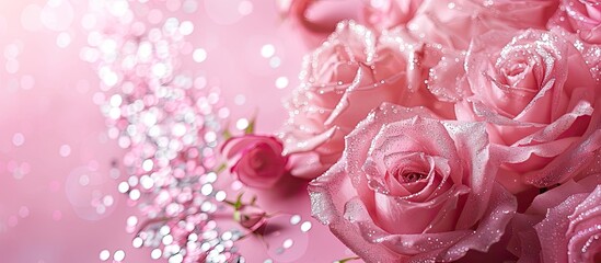 Poster - Valentine's Day-themed banner featuring pink background adorned with sparkling silver roses, exuding a feminine touch with a romantic and love-inspired concept. Ideal for copy space image.