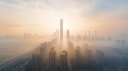 Wall Mural - A city skyline with a foggy atmosphere and a sun shining through the clouds