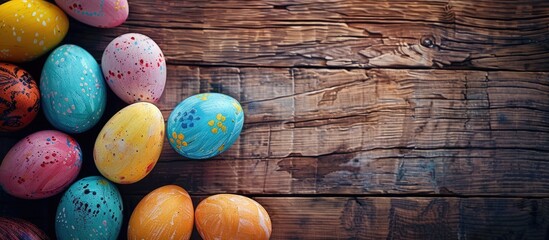 Aufkleber - Colorful Easter eggs on a textured wooden backdrop, evoking Easter joy and festivities, featuring room for text with a copy space image.